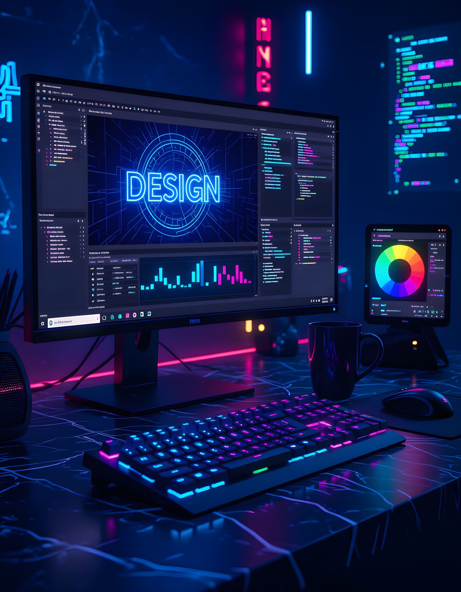 Cyberpunk Designer's Desk at Night in 8K