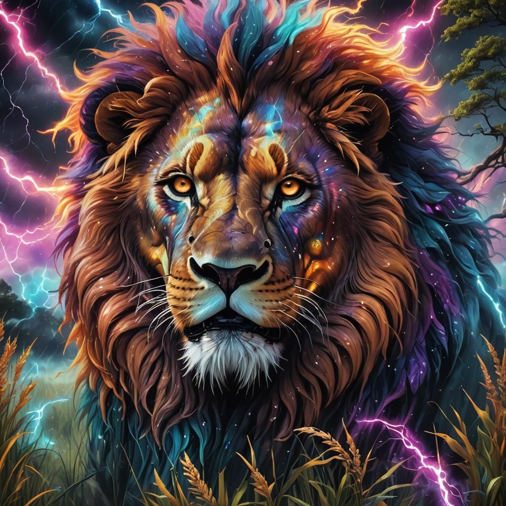 Cosmic Lion Snarls in Storm: Holographic Astral Art