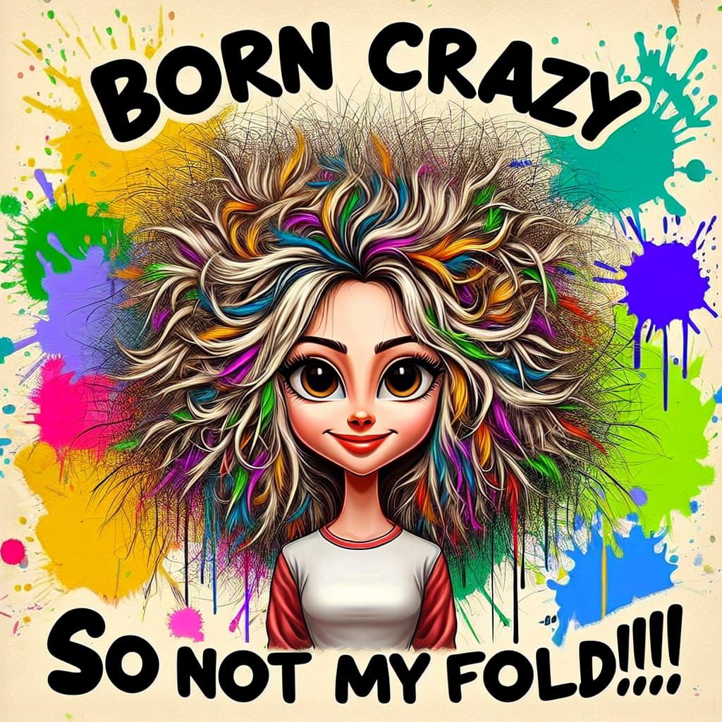 a cartoony caricature image of a girl with messy, frazzled a...