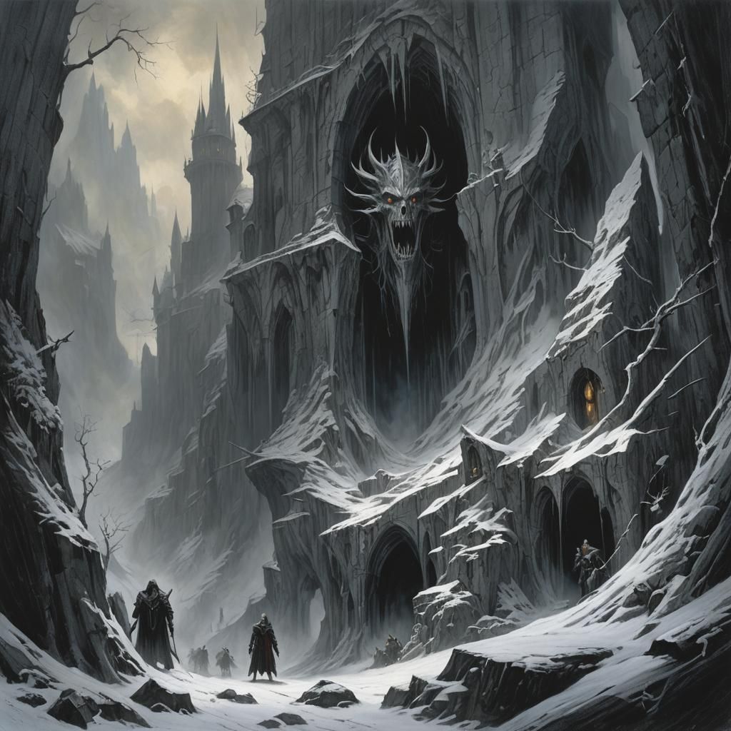 Grimdark Scene in John Howe Style