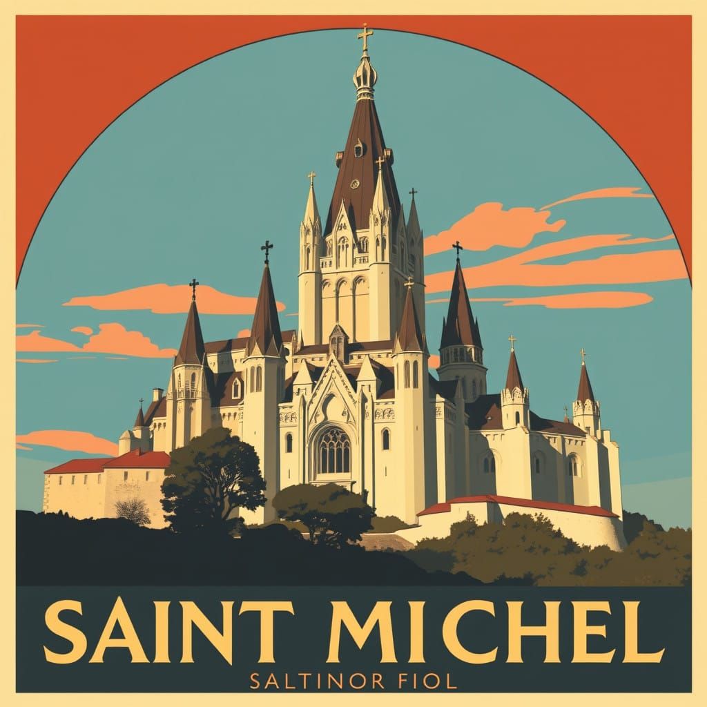 Vintage Travel Poster of Mont Saint Michel in Art Deco Style
