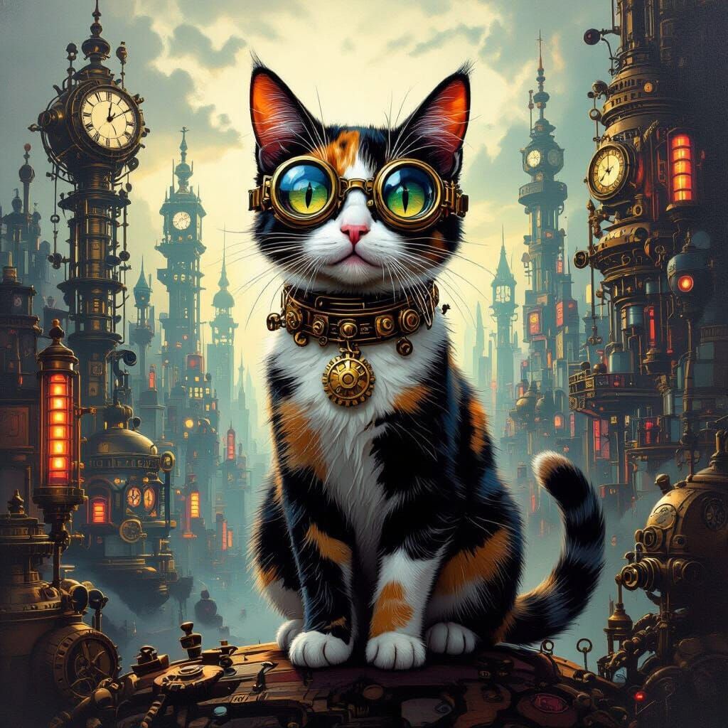Steampunk Calico Cat in Surreal Nightmare Cityscape
