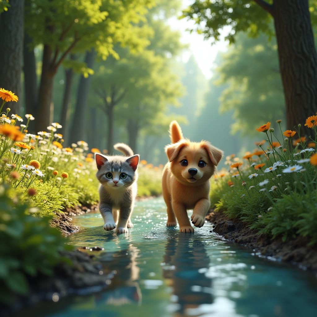 Cat and Dog Stroll Through Vibrant Forest
