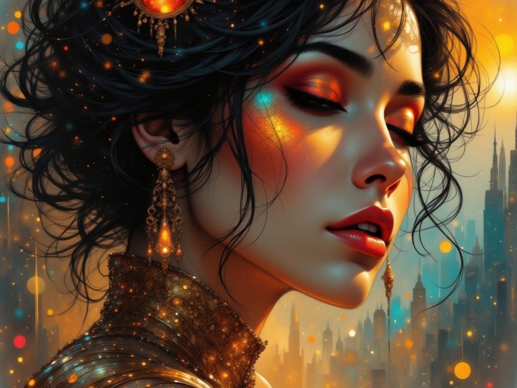 Woman Reflecting Fiery Sky in Dark Fantasy Style
