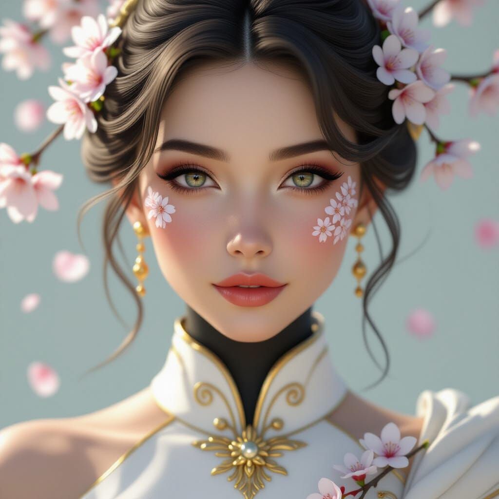 Android Woman with Cherry Blossoms in Photorealistic Style