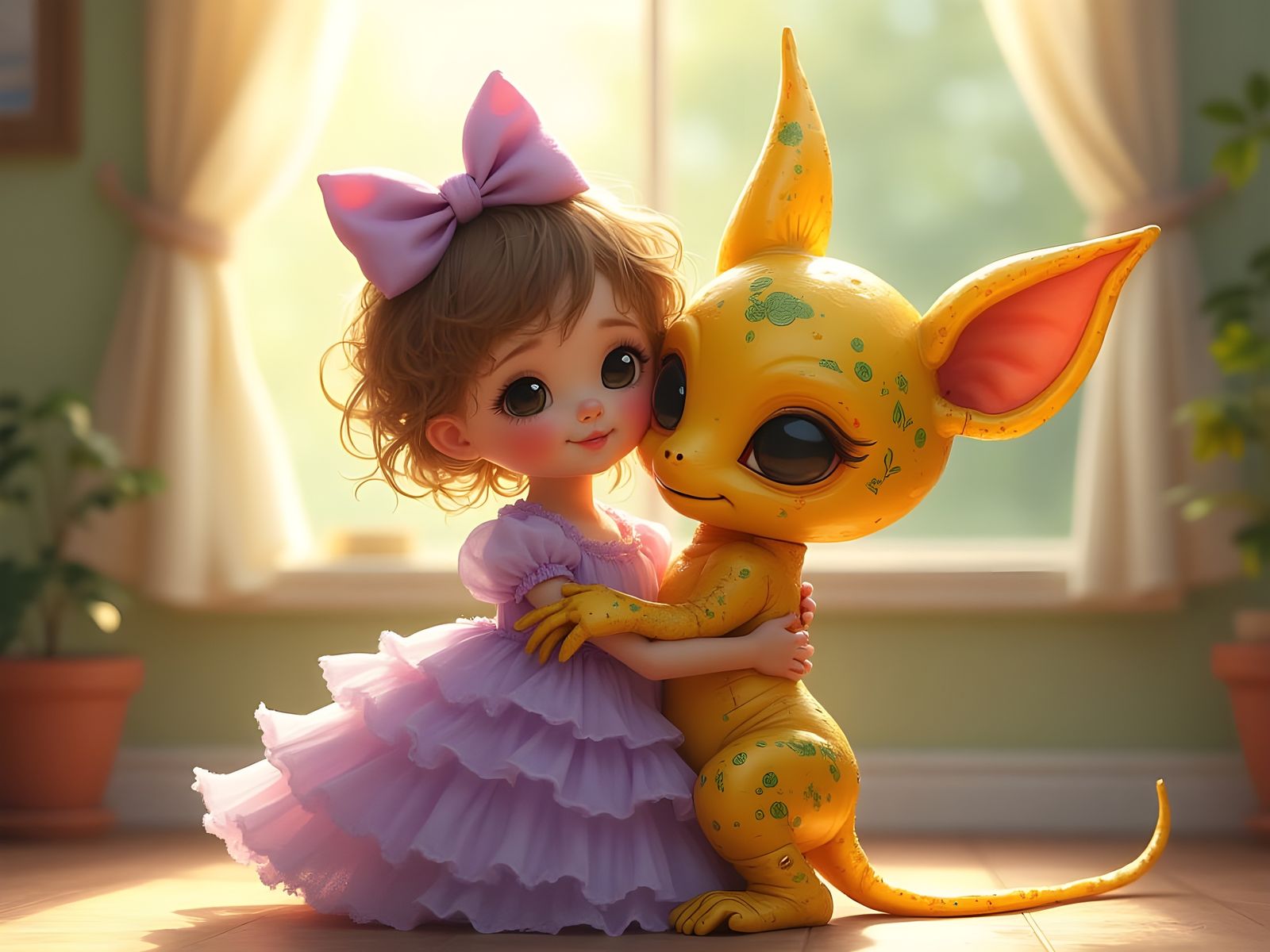 Toddler Girl Hugs Cheesy-Faced Alien Friend