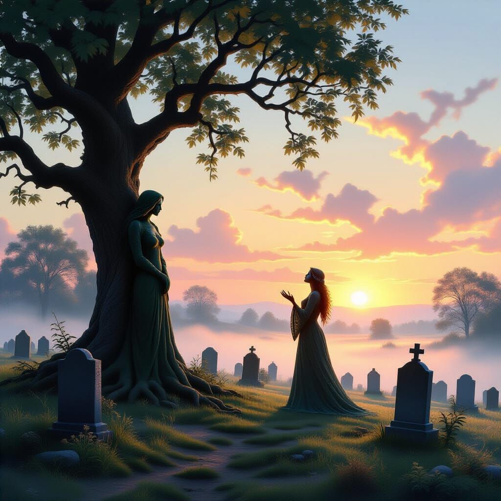 Ethereal Treant Sings at Dawn in Misty Graveyard