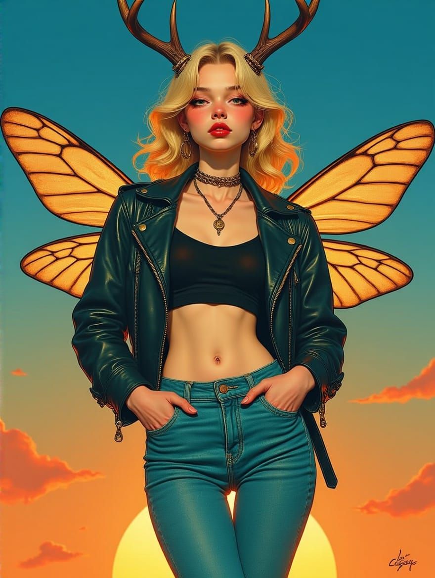 Sleek Fairy Stands Defiant with Stag Antlers in Vibrant Suns...