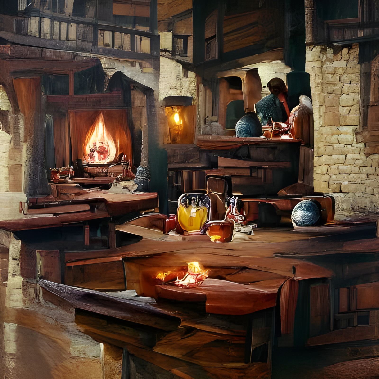Cozy Medieval Tavern Interior in Oil Painting Style