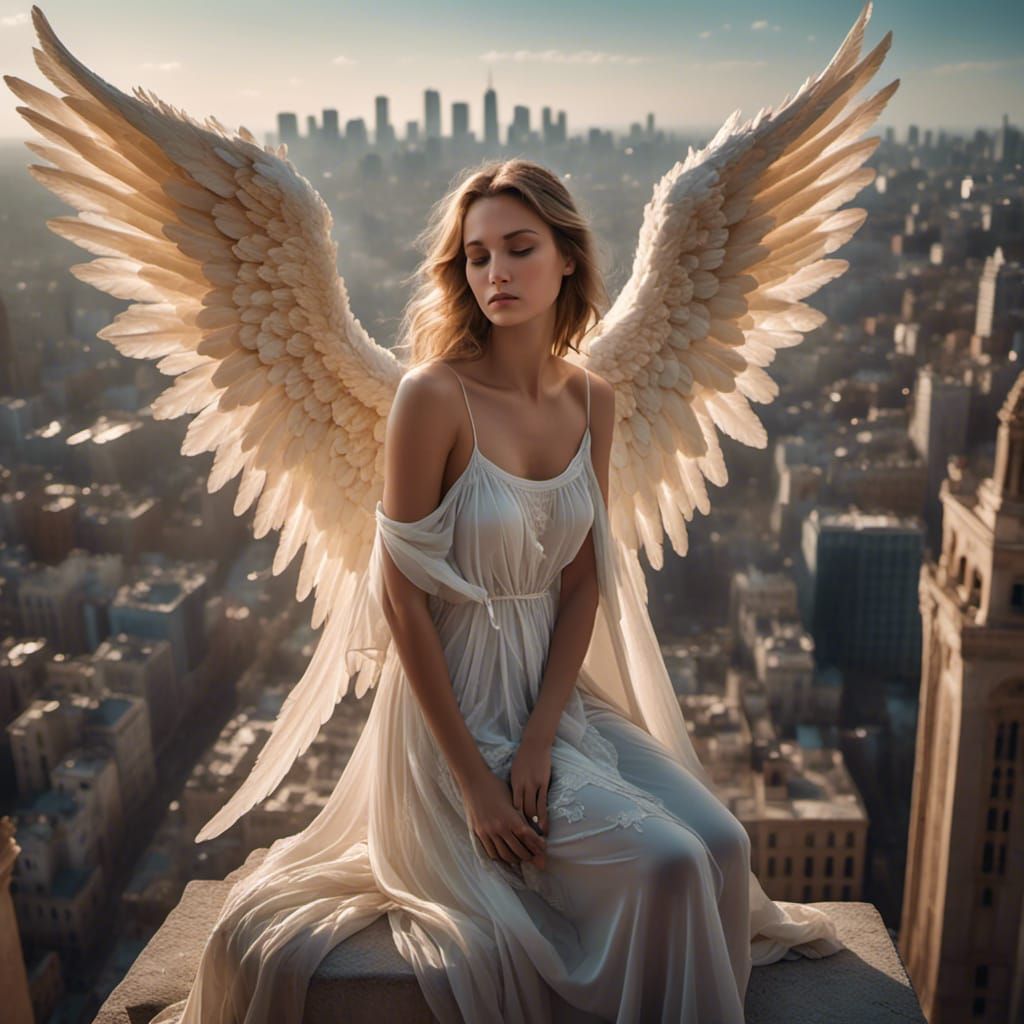 Pensive Angel Overlooks City in Crisis