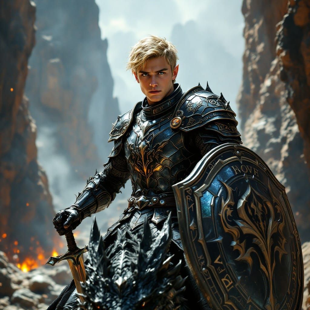 Draconic Knight Rides Majestic Dragon Through Canyon Landsca...