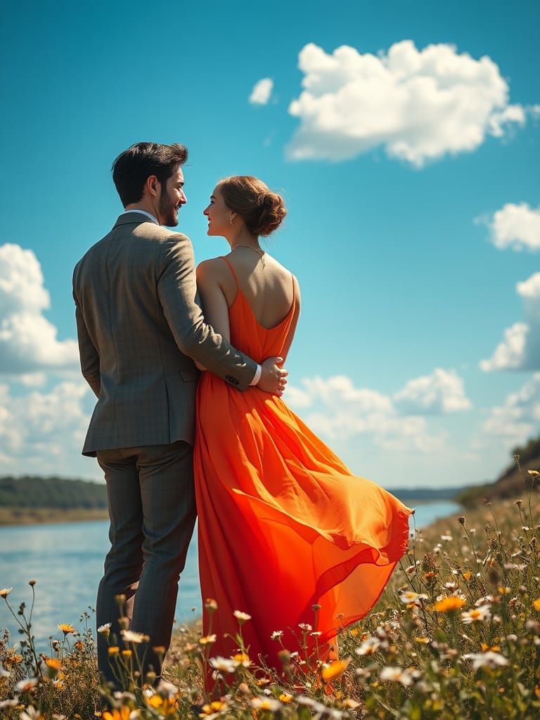 Charismatic Couple Conversing by Riverbank in Digital Matte ...