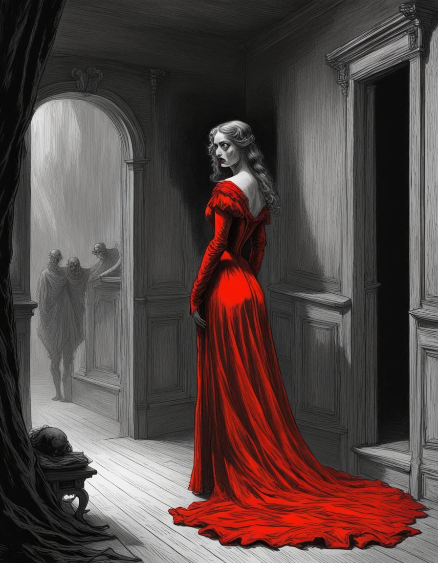 Woman in Red Gown: Selective Color Horror Art