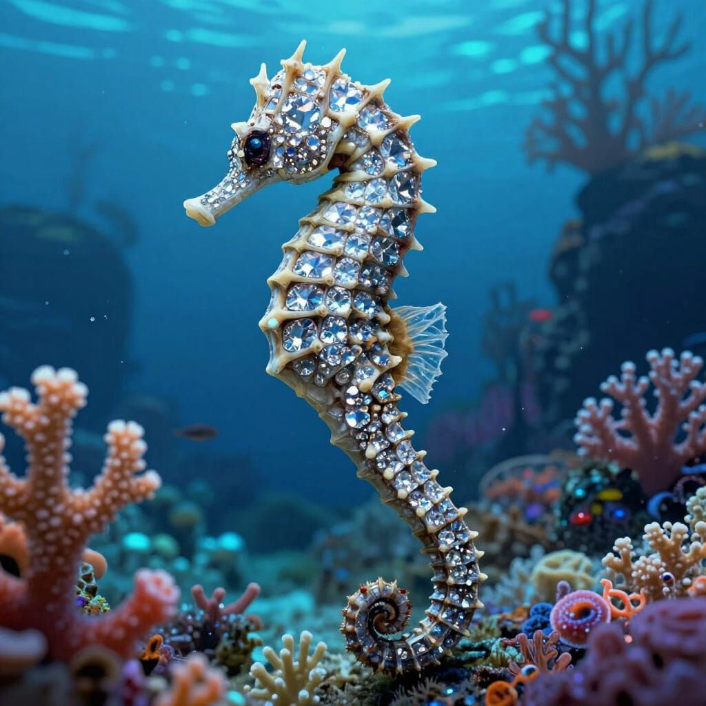 Dinosaur Seahorse with Diamond Scales in Bioluminescent Reef
