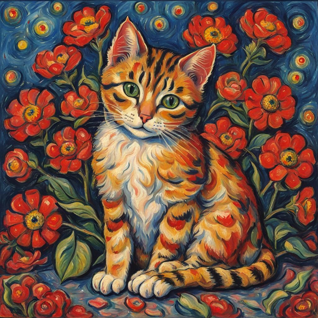 Cute Cat with Flowers in Futurist Style