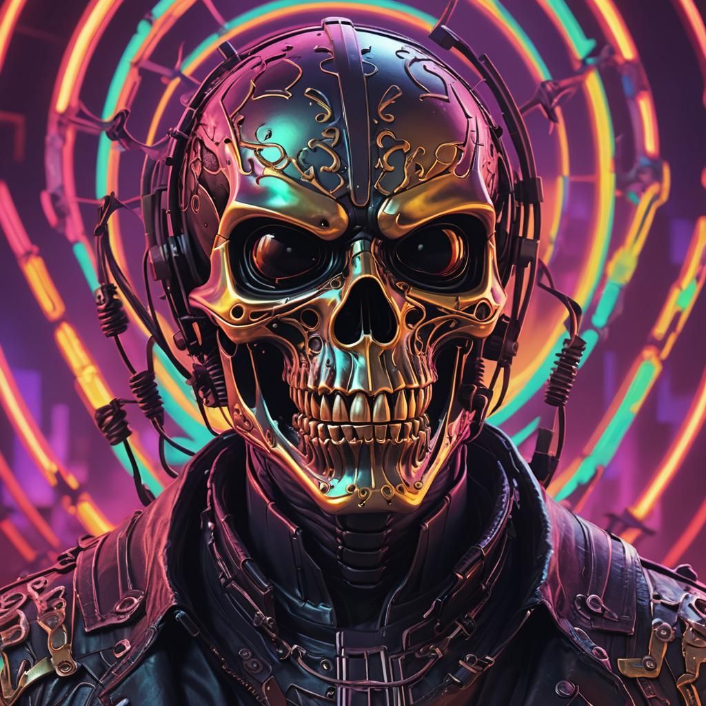 Creepy Skull Mask in Neon-Lit 3D Digital Art