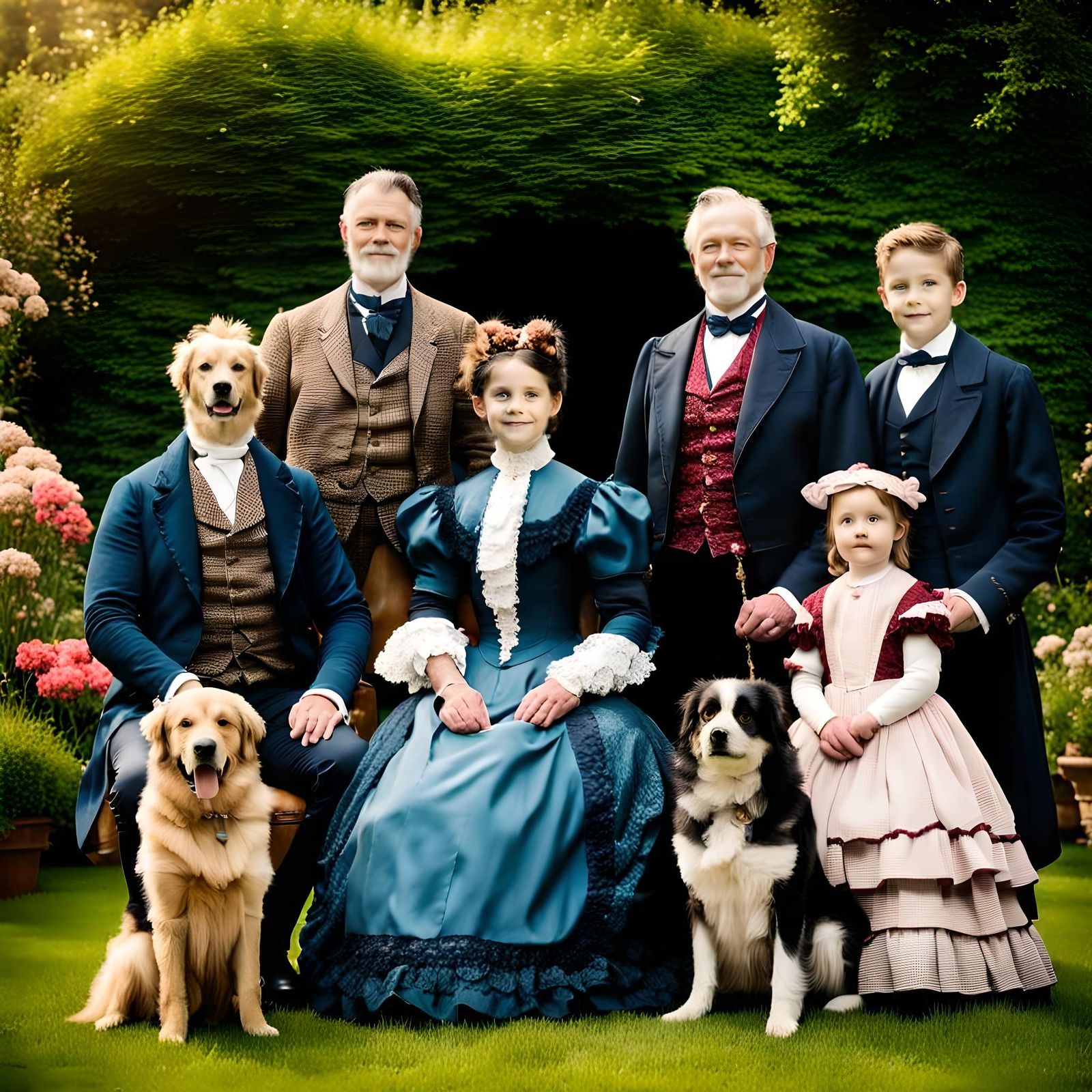 Victorian Family Portrait with Dog in Garden