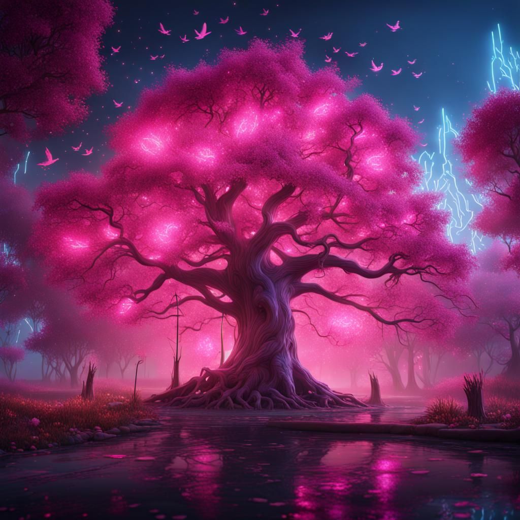 Neon Pink Tree with Birds: Fantasy Art
