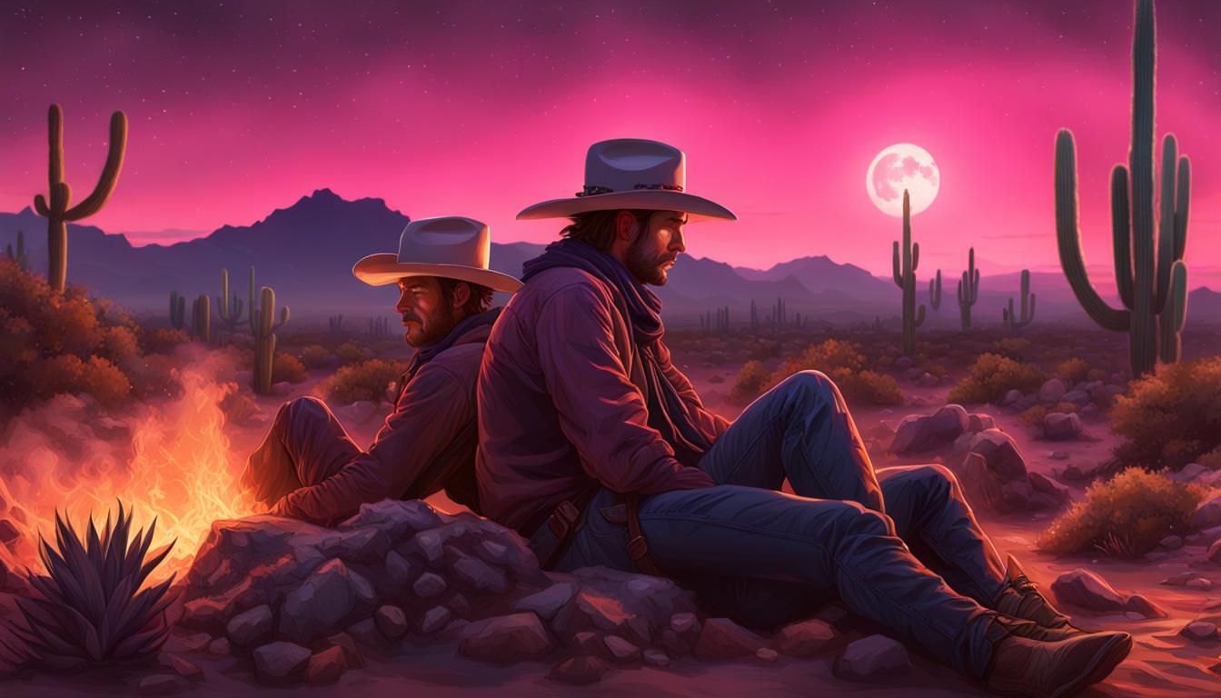 Cowboys Sleeping by Desert Fire Under Night Sky