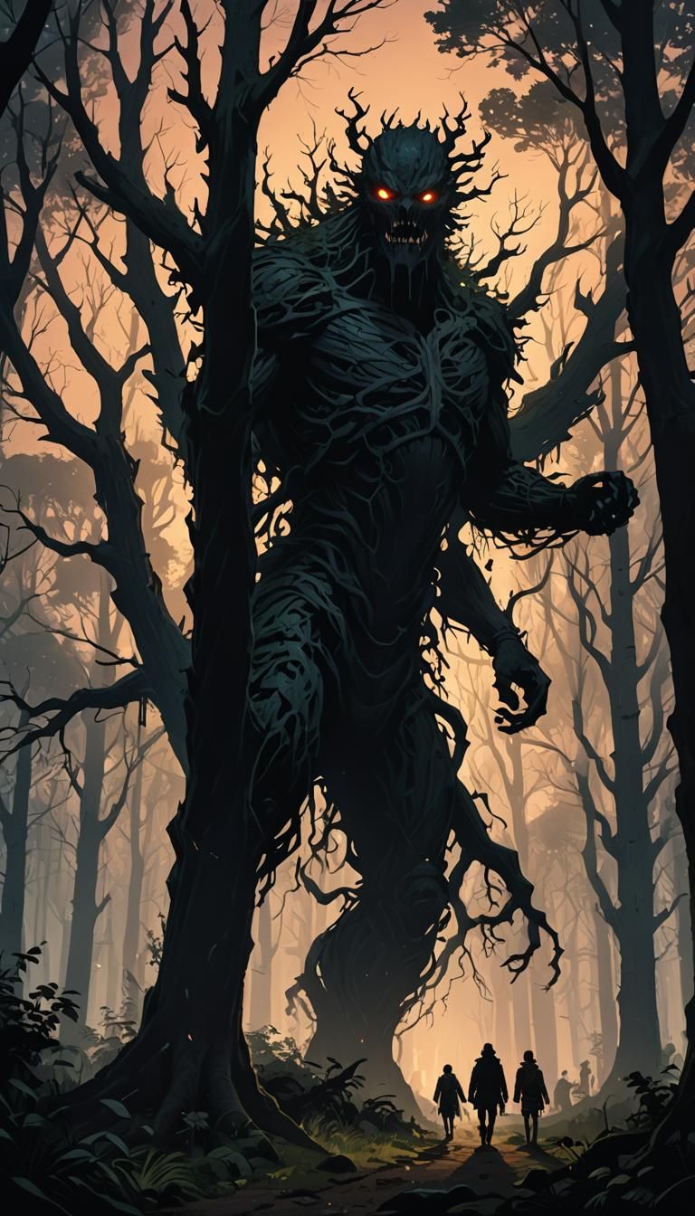 Ominous Man-Eating Tree Watching Villagers at Dusk