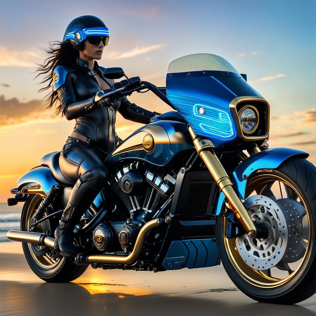 Cyberpunk Biker on Futuristic Harley at Sunset