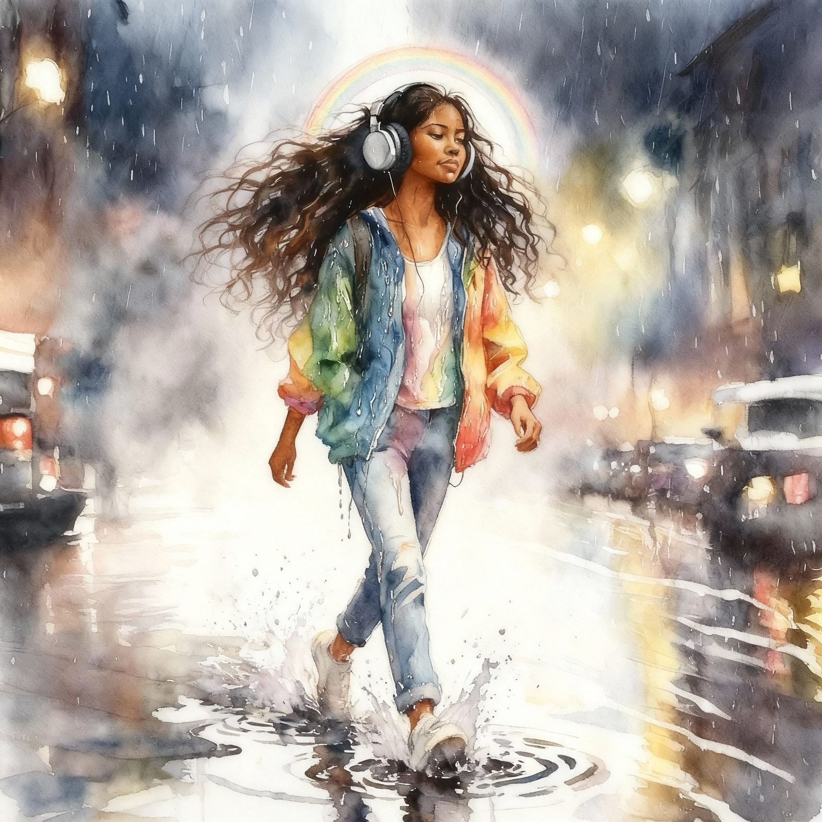 Girl in Rain Splashes Listening to Music in Misty Night