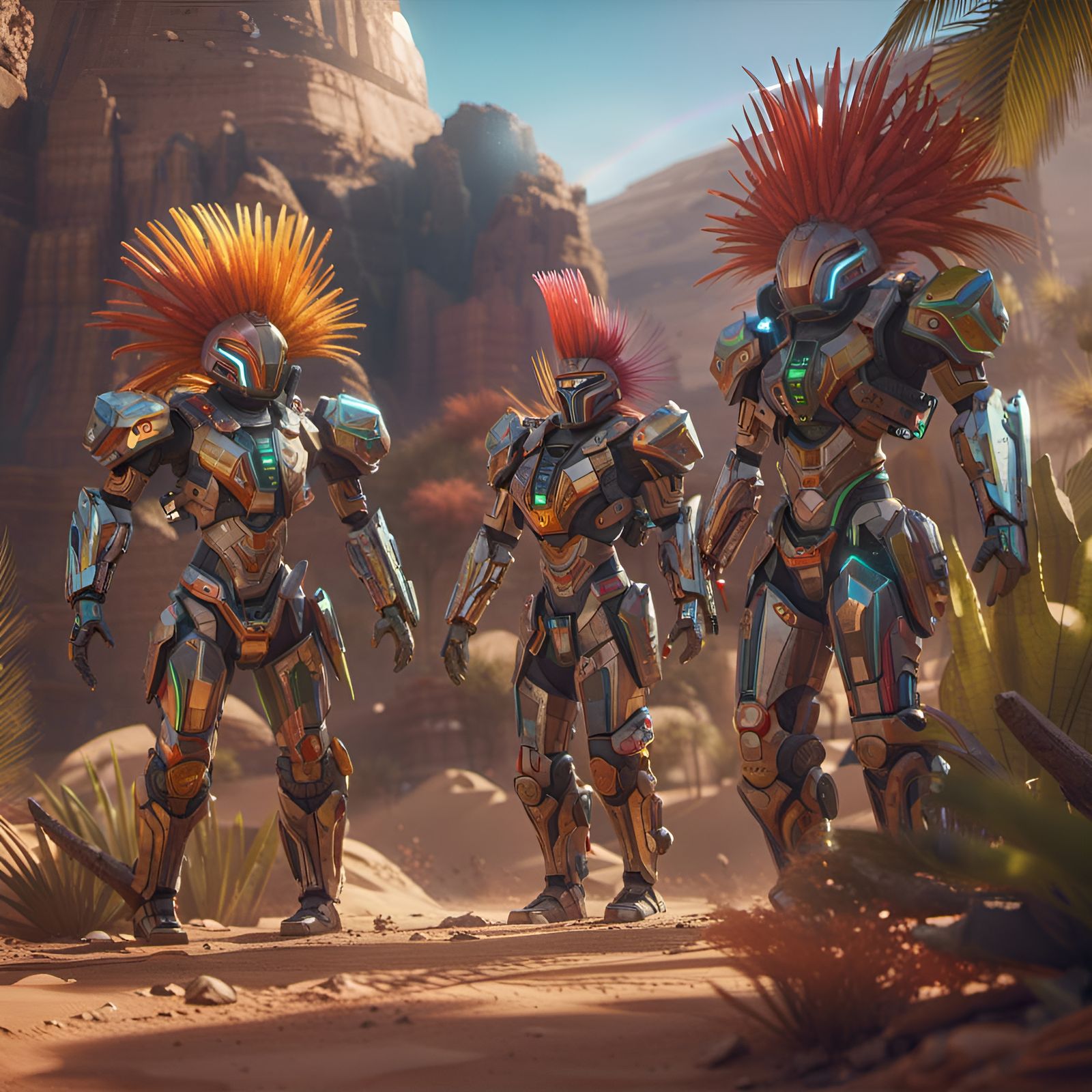 Futuristic Desert Tribe of Rainbow-Sashed Robots