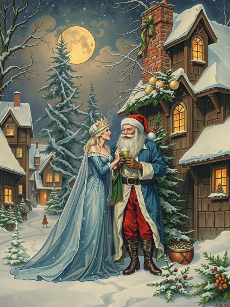 Art Nouveau Holiday Card: Snow Queen's Kiss