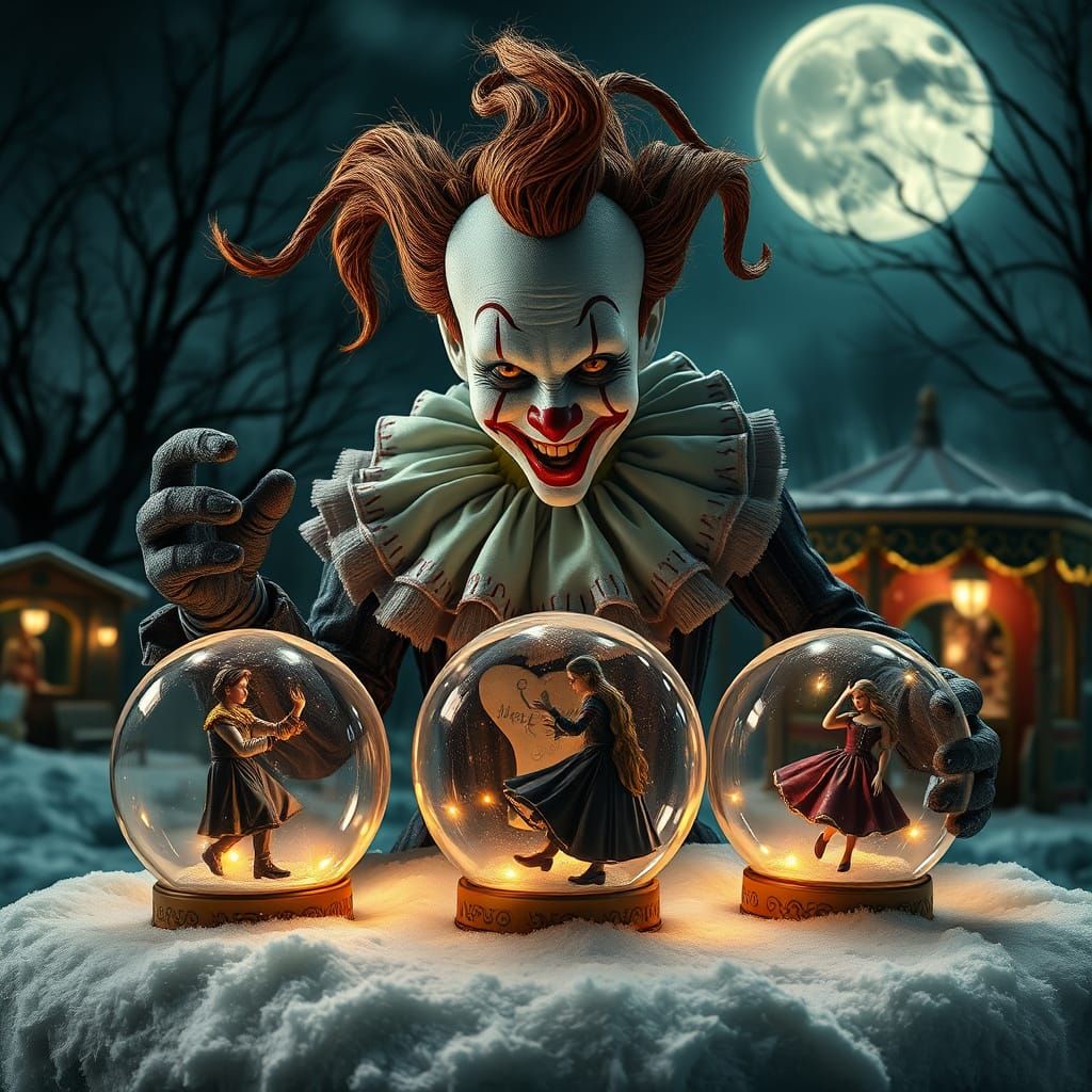 Creepy Clown Juggling Snow Globes in Surreal Scene