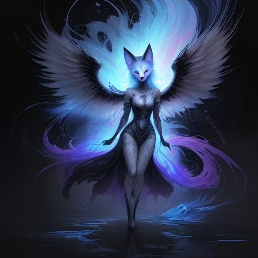 Ethereal Winged Fox Shimmers Through Starry Space