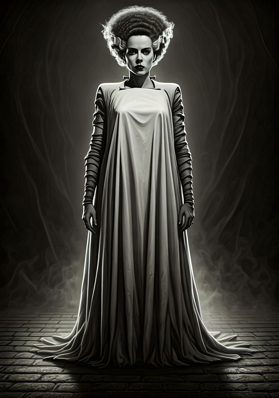 Bettie Page as Bride of Frankenstein in Retro Horror Style