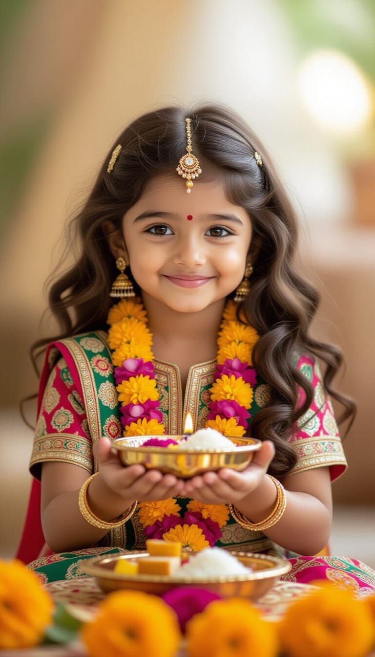 Girl with Pooja Thali in Festive Setting