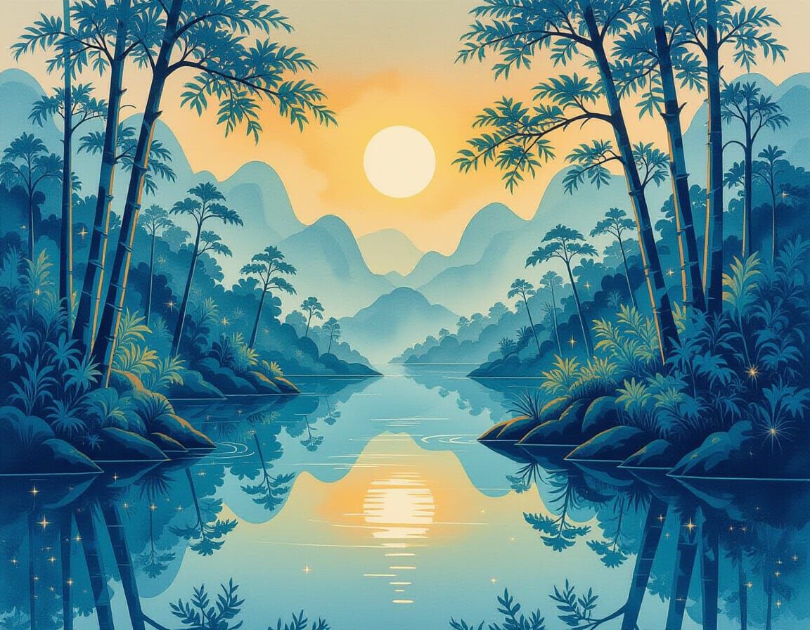 Chinese Ink Painting in Fractal Retrofuturist Style