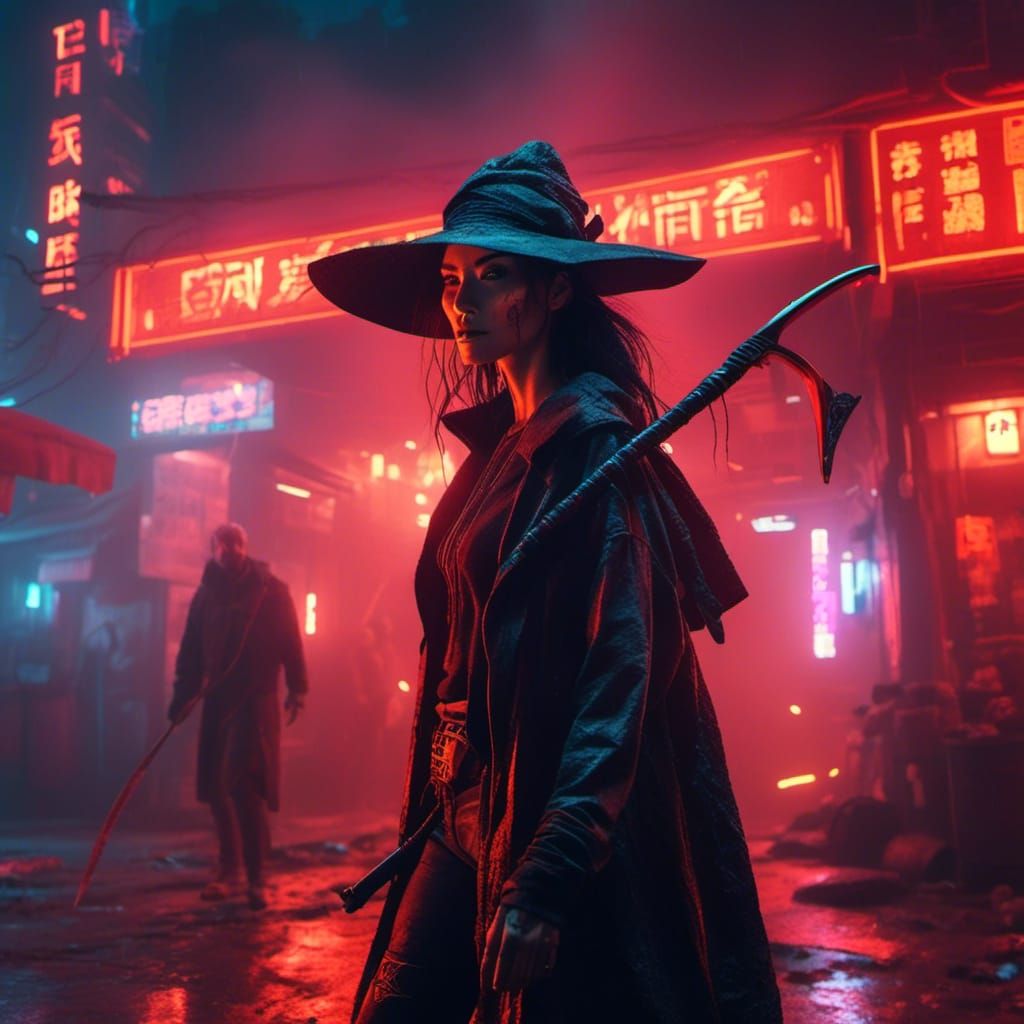 Cyberpunk Witch Queen with Scythe on Neon Street