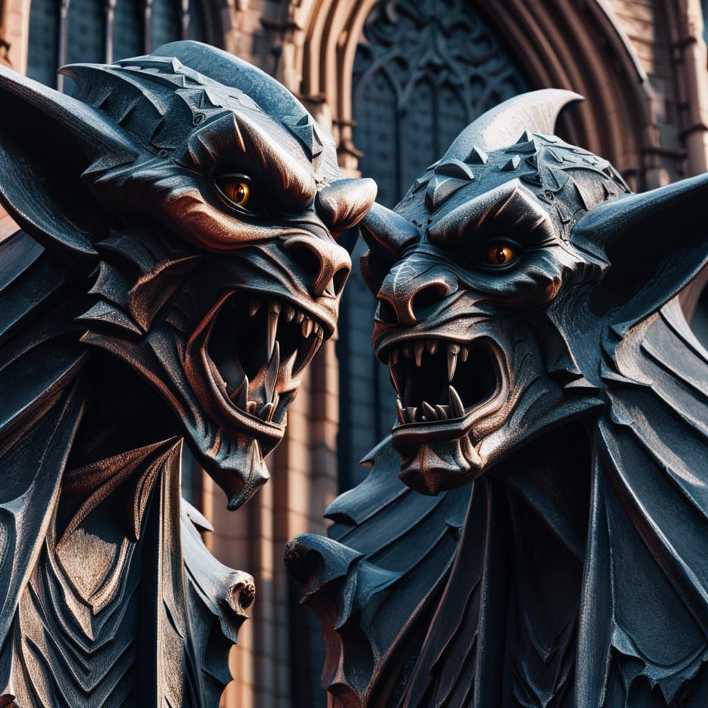 Closeup of two gargoyles on th front of gothic church . terr...