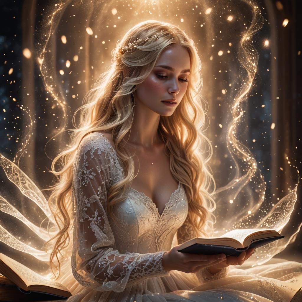 Woman Holding Magical Glowing Book in Forest