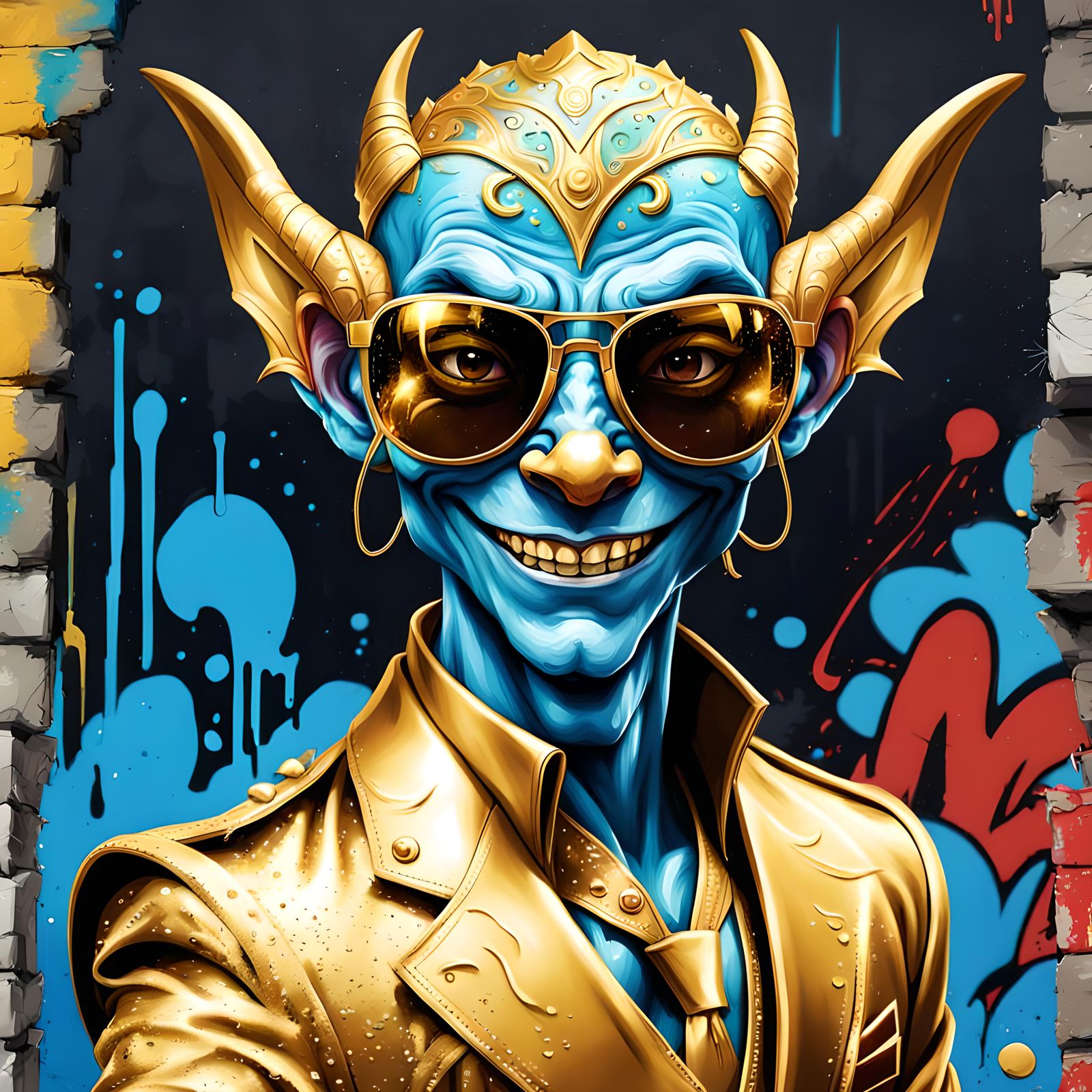 Blue Elf Demon in Golden Suit Graffiti Art