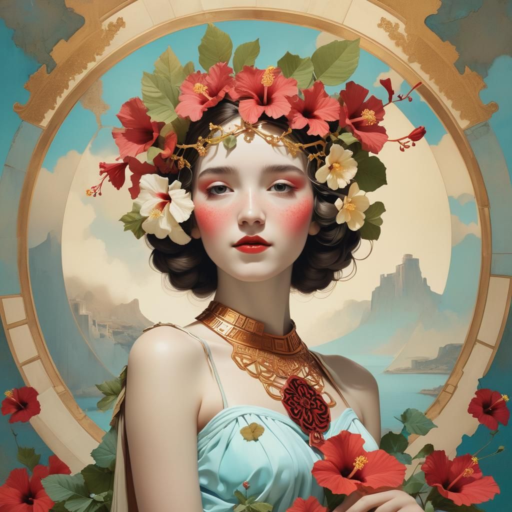 Maiden with Hibiscus Crown and Acropolis: Ink Art