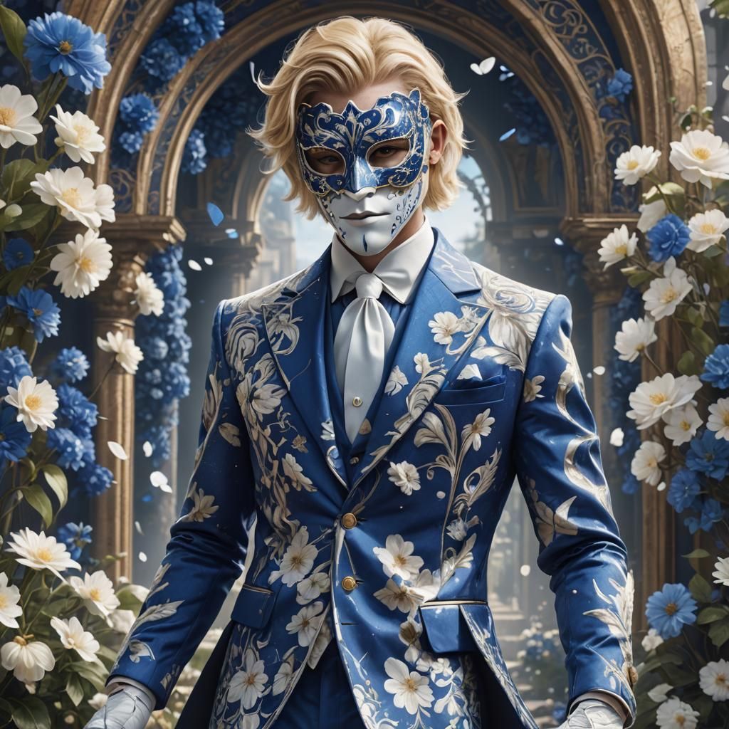 Man in Blue Floral Suit with Masquerade Mask