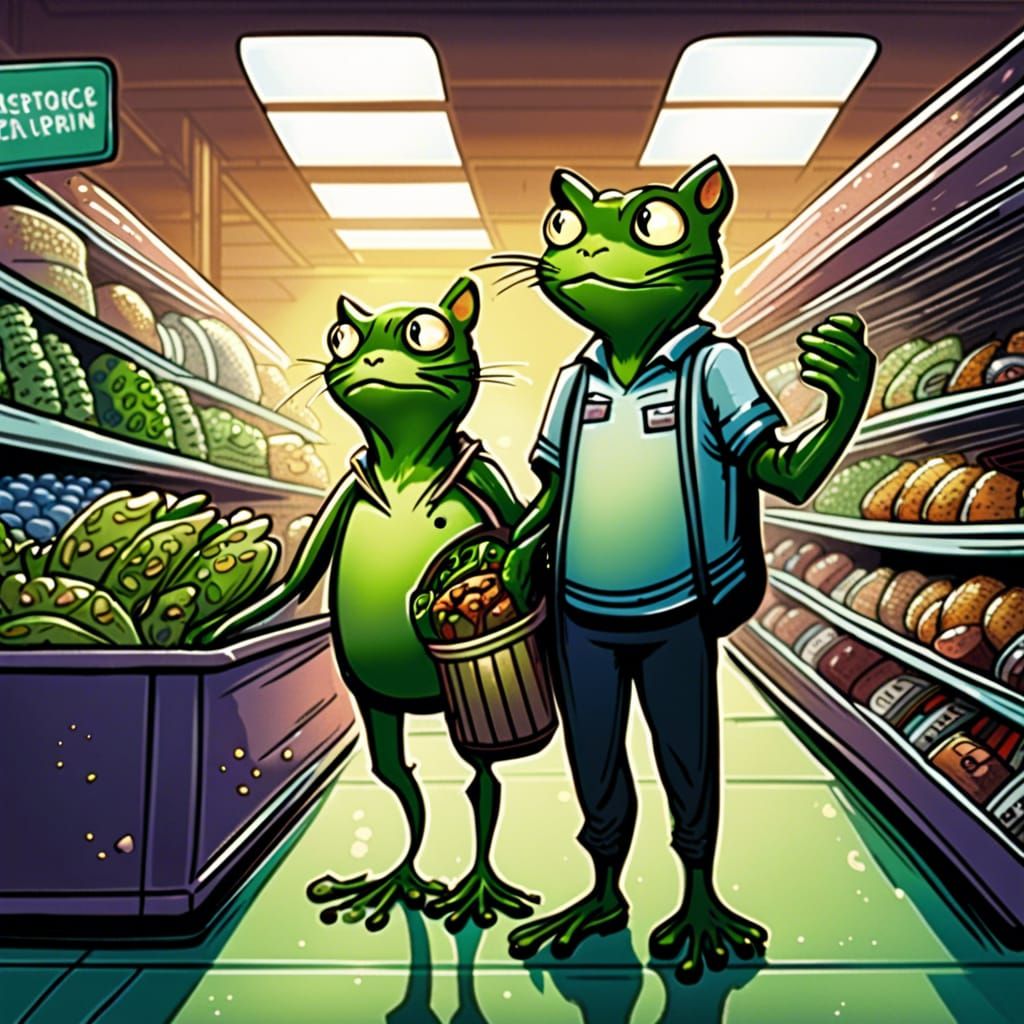 Frog and Cat-Human Customers in Supermarket, Comic Art