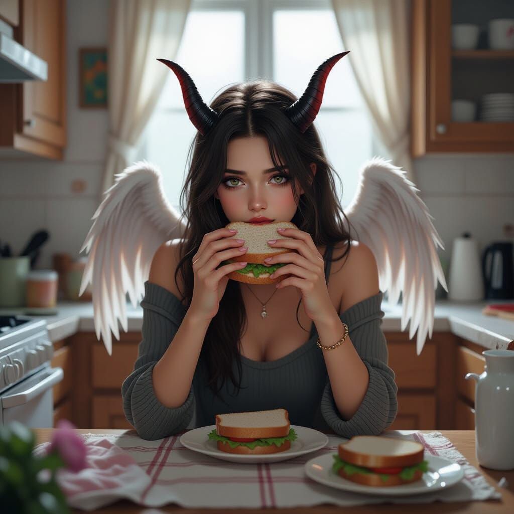 Half-Angel Half-Demon Struggles in a Cluttered Kitchen