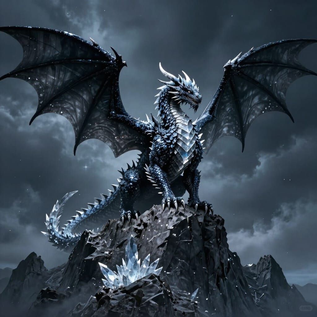 Obsidian Dragon on Mountain Peak in Stormy Sky