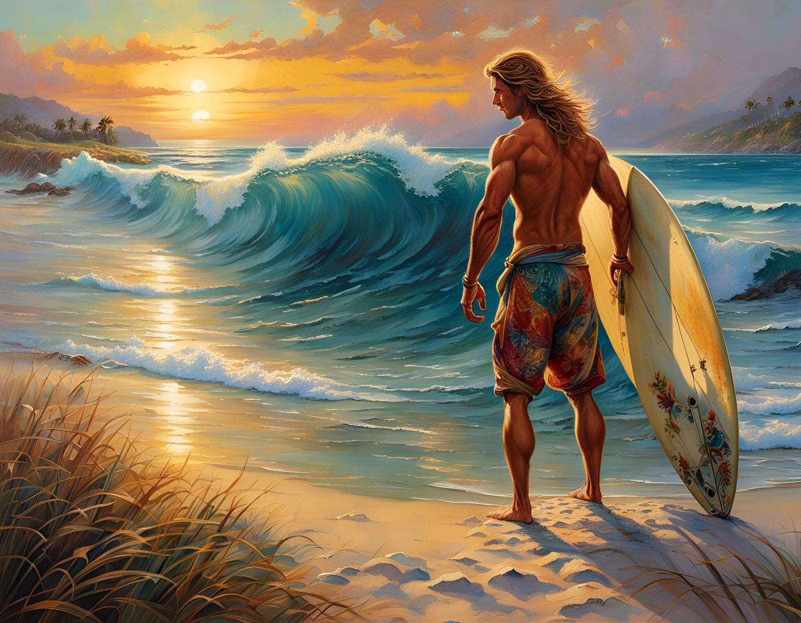 Brawny Surfer at Sunset: Colorful Beach Scene
