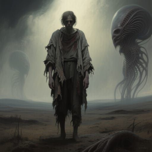 Desolate Figure in Beksiński-Giger Style