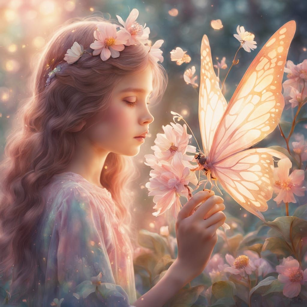 Girl and Fairy Photographing Flower in Watercolor Style