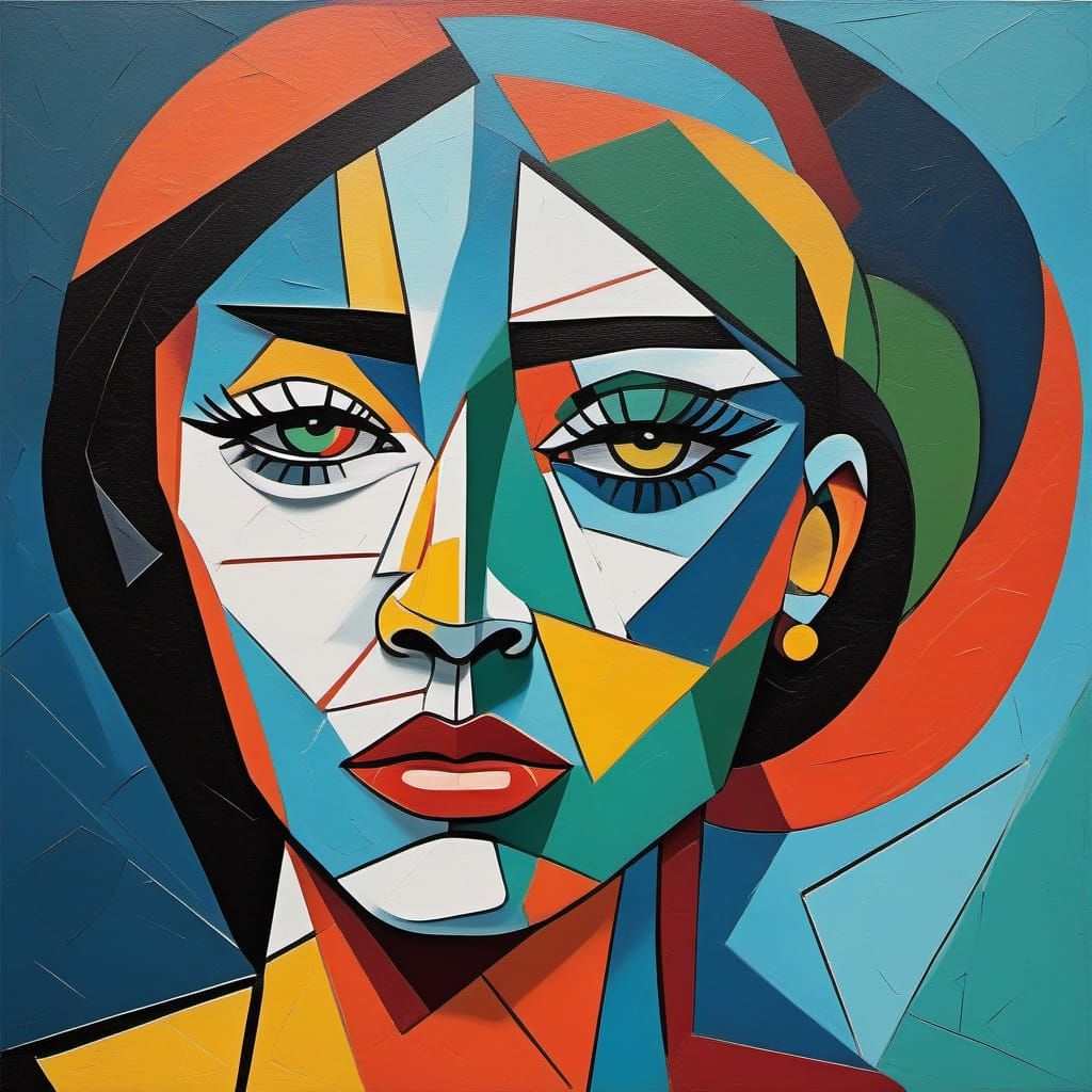 Cubist Femme Fatale Portrait in Bold Colors
