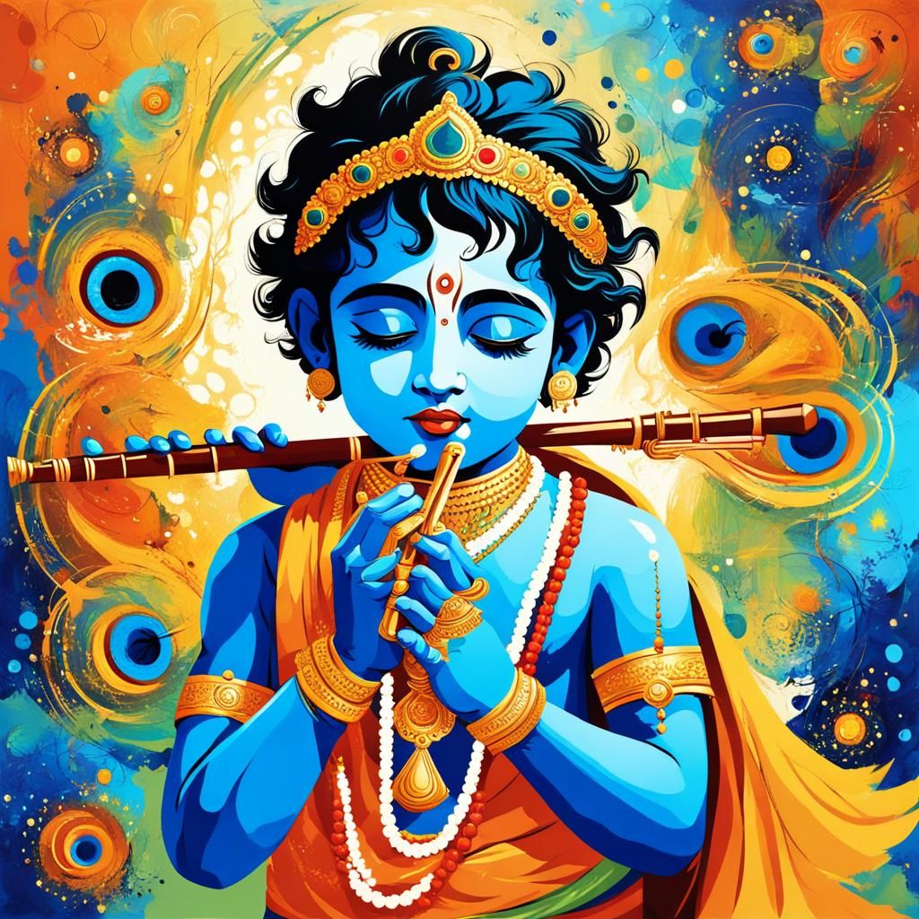 Krishna Playing Flute in Abstract Art Style