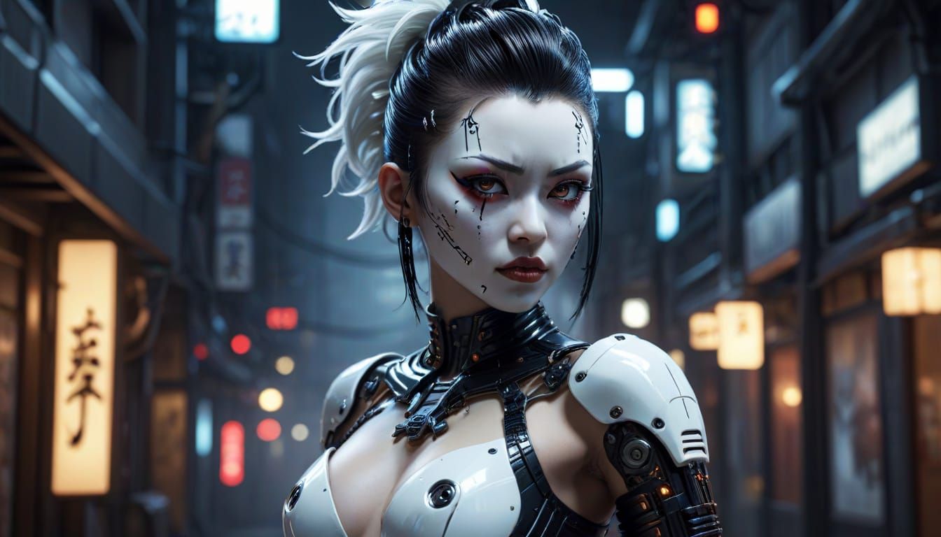 Frightening Gynoid in Gothic Pinup Pose with Cyberpunk Backg...