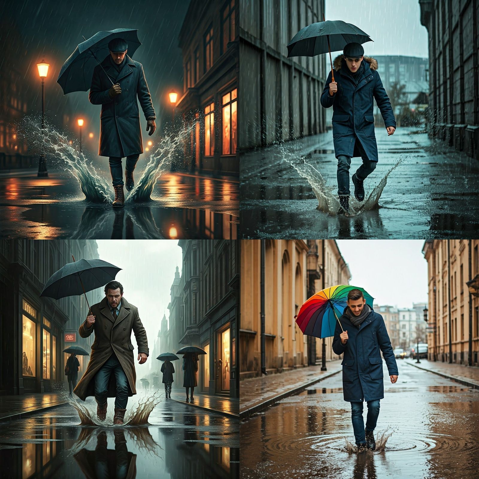 Person Jumps in Puddle with Umbrella on Rainy Day