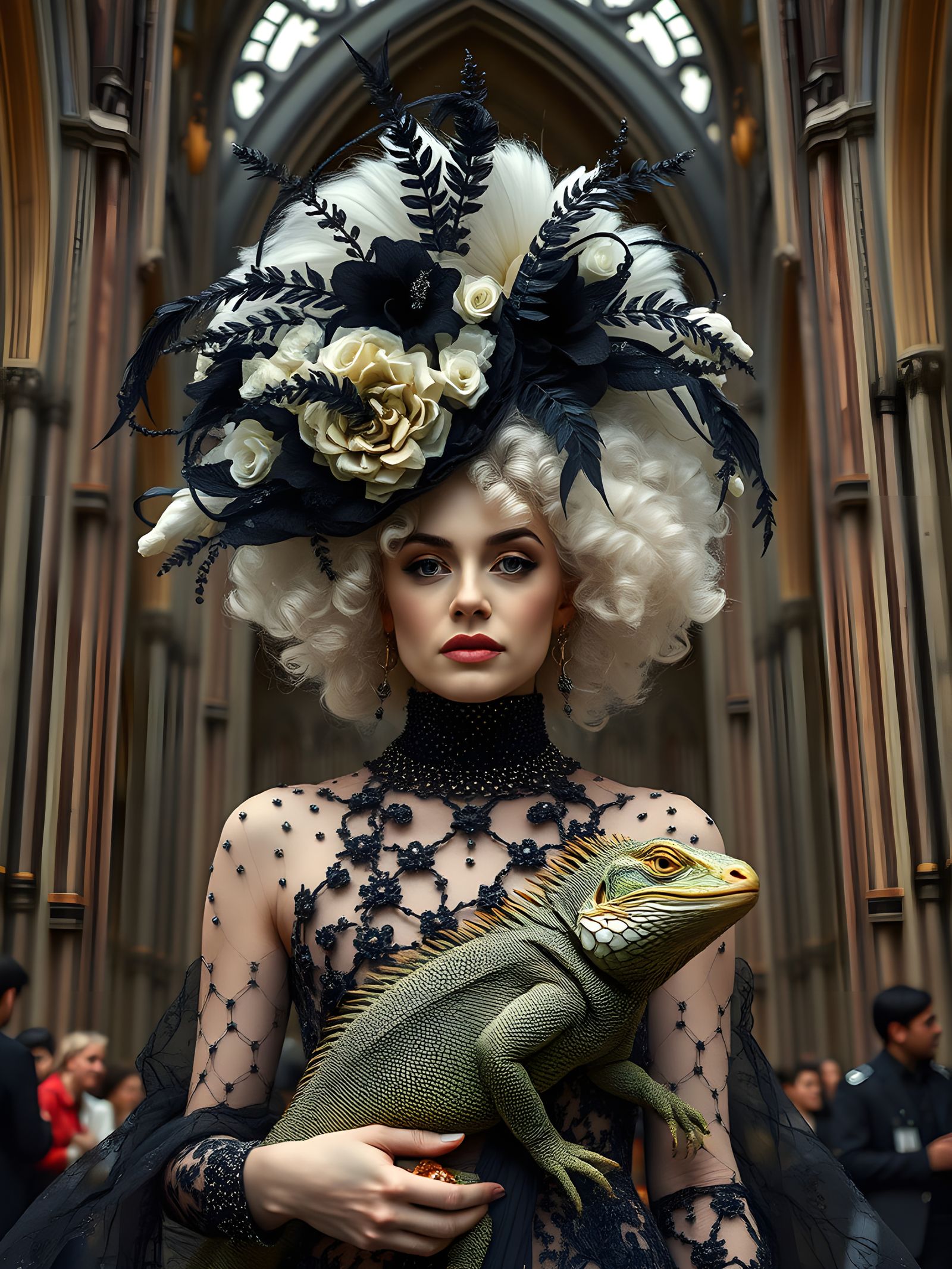 Albino Woman with Lizard in Gothic Cathedral